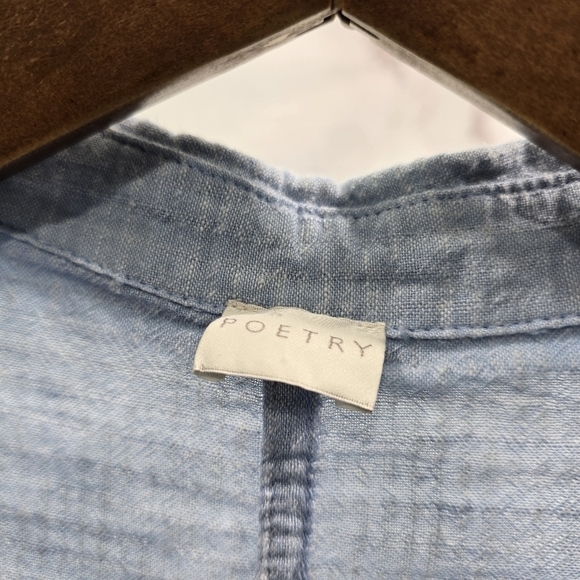 Poetry Shirt Womens 14 Large Blue Linen Blend Button Short Sleeve Boxy Cuffed - Picture 3 of 11